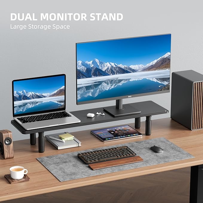Dual Monitor Stand for Desk, Adjustable Height Wood Computer Riser, Ergonomic Monitor Shelf for Laptop, Printer, TV, Black - Large Storage Space, Sturdy Desk Organizer for Home & Office,Black