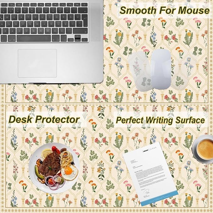 Desk Pad, ZAXOXAZ PU Lesther Desk Protector, 31.5" x 15.7" XXL Large Extended Mouse Pad, Big Floral Desk Mat Flowers Desk Blotter, Laptop Desk Pad, Waterproof Desk Writing Pad for Office and Home