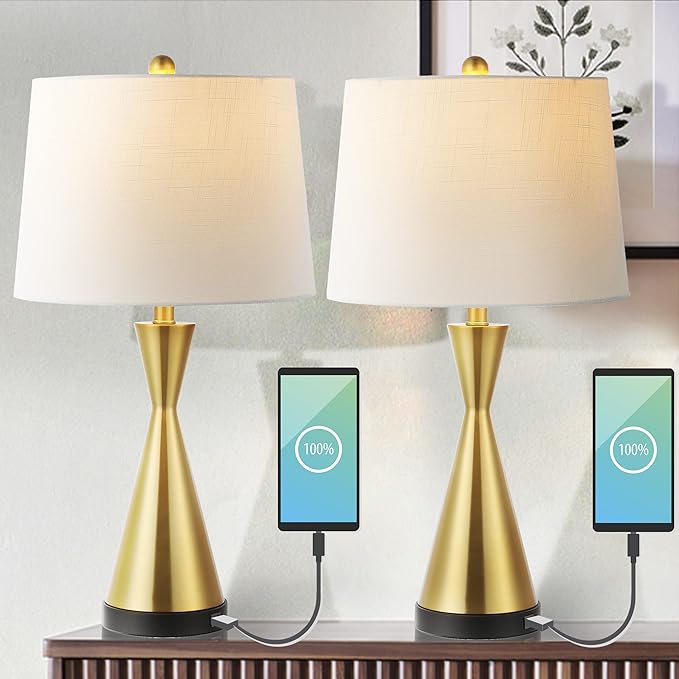 Eyely EYL4046B-SET2 Norris 26" Classic French Country Iron LED Table Lamp with USB Charging Port for Reading Room, Living Room, Office, Bedroom, Farmhouse, Coastal, Brass Gold (Set of 2)