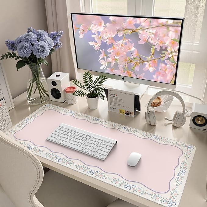 HAOCOO Cute Floral Desk Matt for Desktop, Pink Bow Computer Desk Mat, Non-Slip Waterproof XXL Mouse Pad for Desk, Gaming & Office, Desk Pad Mat for Women Office Aesthetics