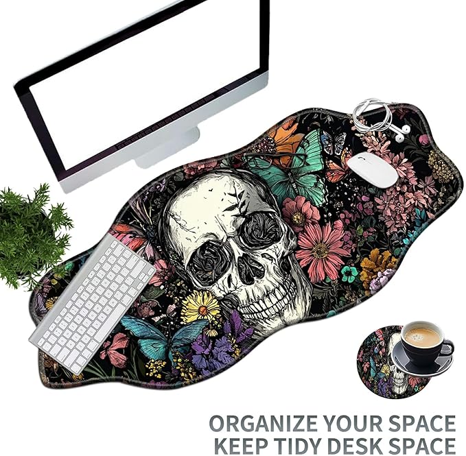 Sugar Skull Flowers Large Gaming Mouse Pad Plus a Coaster, 35.4 x 15.7 inches Desk Mat Extended XXL Mousepad with Stitched Edge Non-Slip Rubber, Desk Pad Computer Mouse Mat for Home Office