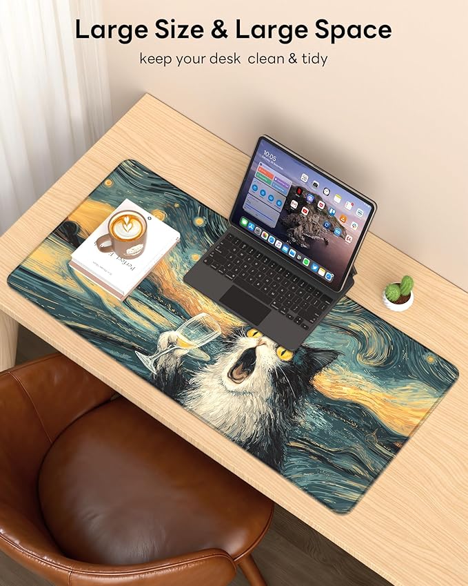 XL Gaming Mouse Pad, 31.5x15.7'' Large Desk Mat with Anti-Slip Rubber Base & Stitched Edges for Gaming, Office, Home, Shocked Cat