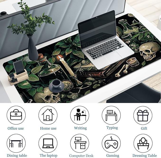 Gothic Botanical Desk Pad, Library Skull Large Gaming Mouse Pad, XXL Desk Mat Anti-Slip Waterproof Big Mousepad with Stitched Edges, Keyboard Mouse Mat for PC, Laptop, Work, Office, Home