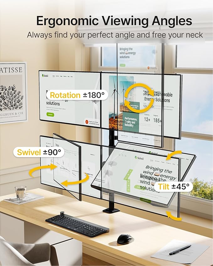 monTEK Quad Monitor Stand Mount, Fully Adjustable Desk Mount for 4 Screen up to 17”-32” and 22lbs Capacity Each Arm, Stable Monitor Arm with C Clamp and Grommet Base, VESA 75x75mm/100x100mm