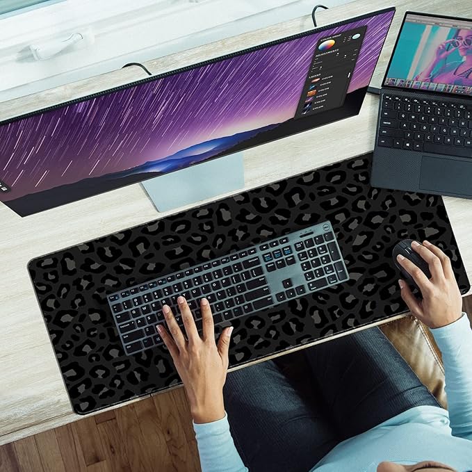 Extended Large Computer Gaming Mouse Pad Desk Mat(31.5×15.7 in),Desk Pad with Non-Slip Base and Stitched Edges for Work Office Large Gaming Mouse Pad Desktop Pad-Black Leopard Cheetah