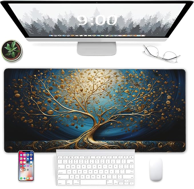 Desk Mat, Blue Golden Tree and Waves Extended Gaming Mouse Pad Large, 31.5"x15.7" 3D Modern Art Landscape Mouse Pad with Non-Slip Base and Stitched Edge,Computer Keyboard Mouse Mat for Home Office