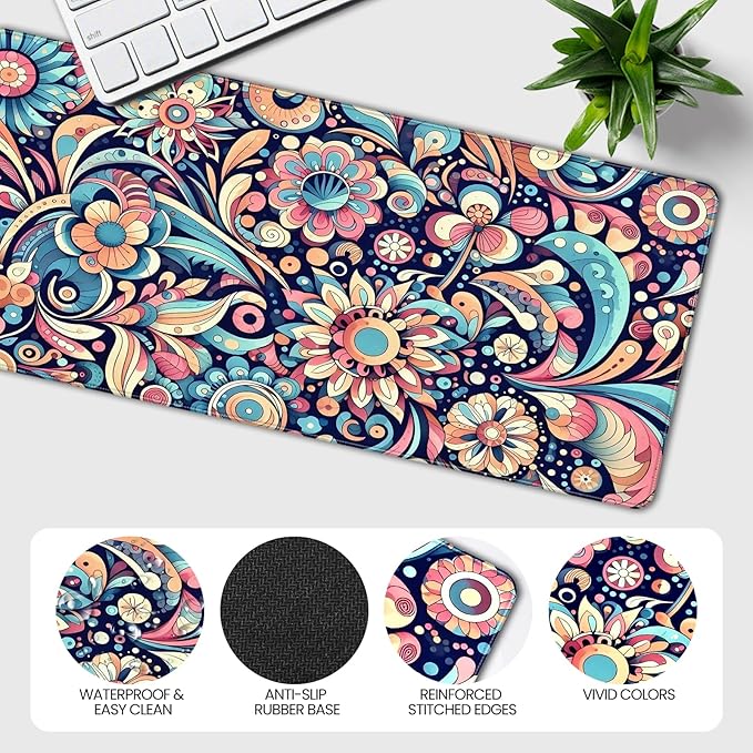 XXL Gaming Mouse Pad, Bohemian Floral Pattern, 35.4 x 15.7 Inches, Microfiber Cloth, Non-Slip Rubber Base, Extended Desk Mat