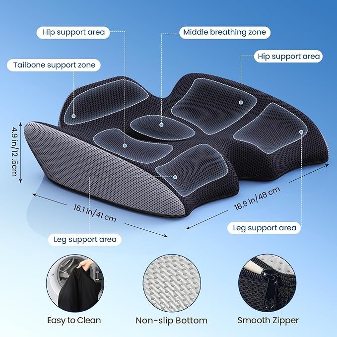Benazcap Large Ergonomic Seat Cushion for Office Chair, Coccyx & Lumbar Support Pillow, Memory Foam Seat Cushions for Office Chairs