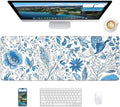 Floral Mouse Pad, 31.5 x 11.8 Large Desk Mat with Stitched Edges & Non-Slip Base, Mousepad for Office, Home, Work, Blue Flower