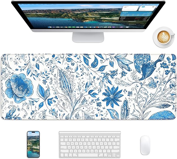 Floral Mouse Pad, 31.5 x 11.8 Large Desk Mat with Stitched Edges & Non-Slip Base, Mousepad for Office, Home, Work, Blue Flower