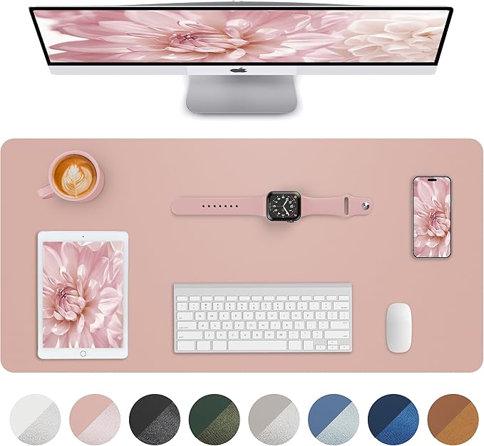 Makeup Mat for Vanity, PU Leather Desk Pad Blotter,Waterproof & Oilproof Desk Protector, Easy Clean Beauty Station Mat for Dresser Top, 35x17 Inches, Pink