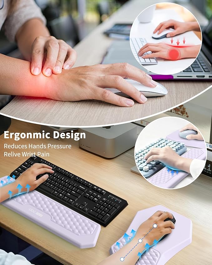 Ergonomic Mouse Pad and Keyboard Wrist Rest Support Set, Massage Design Mousepad for Carpal Tunnel, Memory Foam, Non-Slip PU Base for Computer Desk, Purple