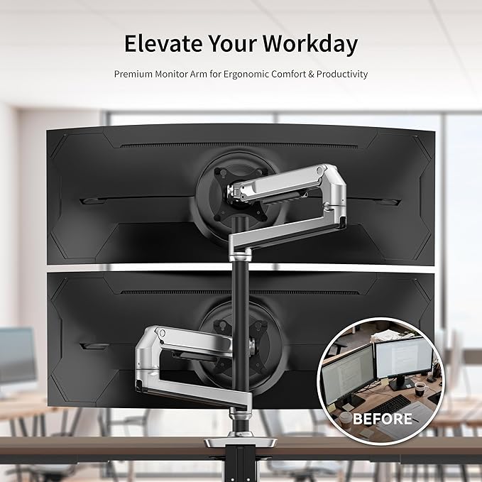 Premium Dual Monitor Stand for Desk, High-Grade Aluminum Stacked Monitor Arm with Heavy-Duty Mechanical Spring, Adjustable Vertical Double Monitor Mount for 13-40 inch Screens, Silver