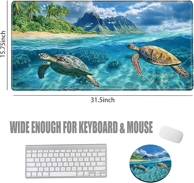 Gaming Mouse Pad Large Mousepad Sea Turtle Desk Mat XXL Big Desk Pad 31.5x15.75 Rubber Base Computer Pad with Stitched Edges Mouse Mat for Work Game Home Office