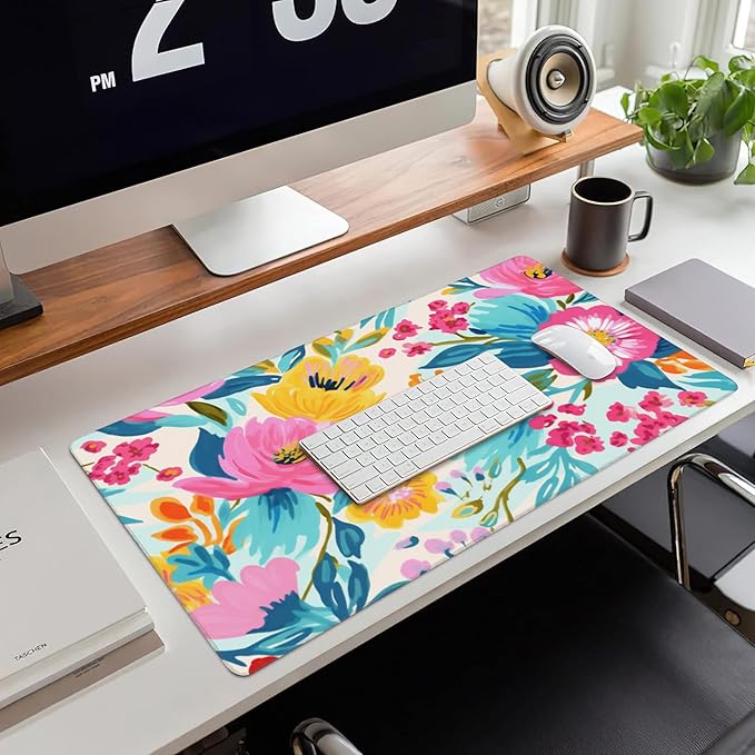 XXL Mouse Pad,Watercolor Floral Large Gaming Mouse Pad,Pink Rose Flowers Desk Mat for Desktop,Extended Big Computer Keyboard Desk Pad with Non-Slip Base and Stitched Edge 35.4"x15.7"
