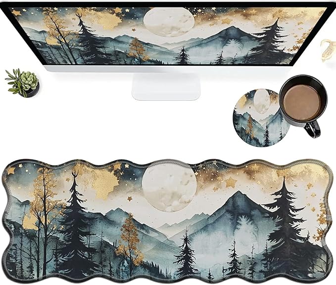 Landscape Forest Large Gaming Mouse Pad Plus a Coaster, 31.5 x 11.8 inches Desk Mat Extended XL Mousepad with Stitched Edge Non-Slip Rubber, Desk Pad Computer Mouse Mat for Home Office