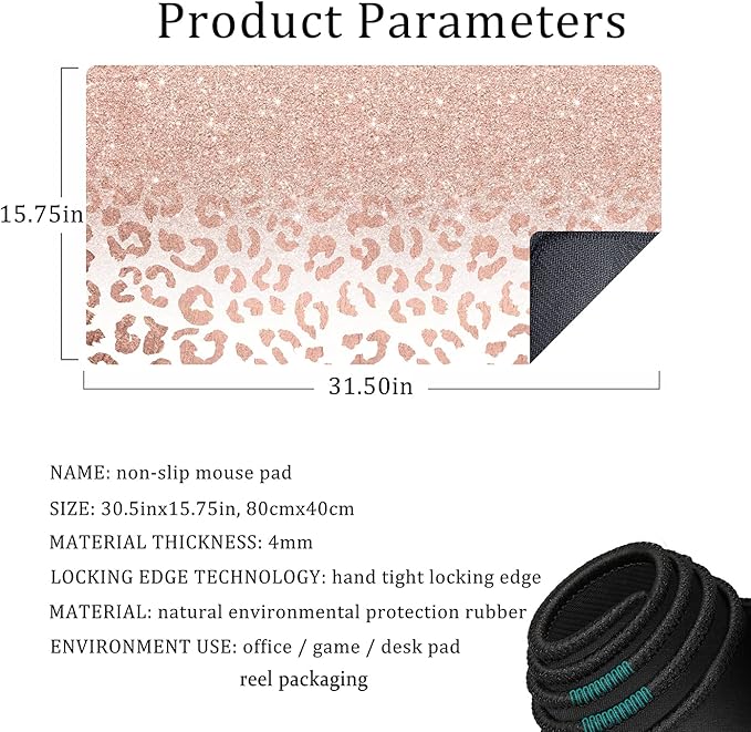 Desk Mat XXL Mouse pad, Pink Rose Gold Leopard Print Office Supplies and Accessories Decor for Women 31.5X15.75in,Stitched Edges Smooth Non-Slip Bottom, Large pad