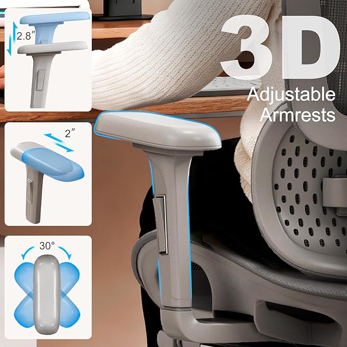 Vonesse Ergonomic Office Chair with Footrest, Desk Chairs with Adjustable 3D Headrest and Armrests, Computer Gaming Chair with Dynamic Lumbar Support & Adjustable Depth Breathable Mesh Seat (Grey)