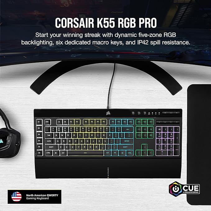Corsair K55 RGB PRO Membrane Wired Gaming Keyboard – QWERTY US Layout, IP42 Dust and Spill-Resistant – 6 Macro Keys with Elgato Integration – iCUE Compatible – PC, Mac, Xbox – Black