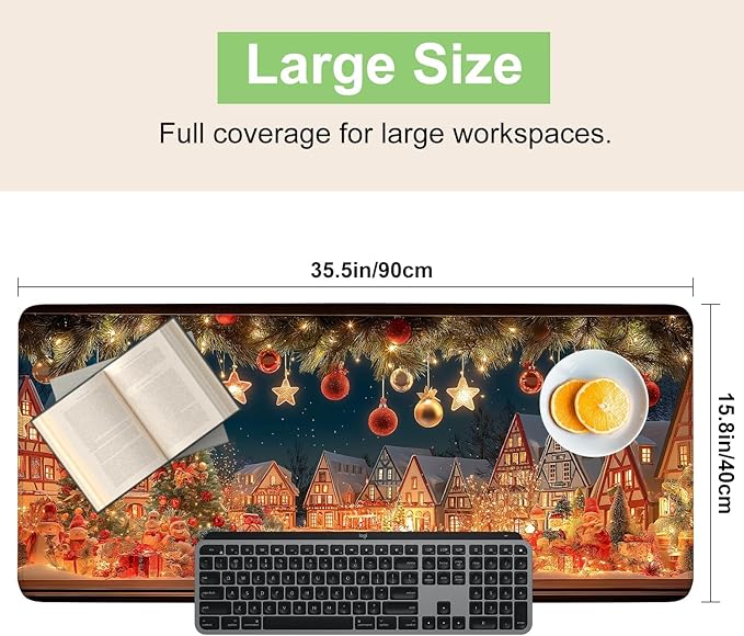 Desk Mat, XXL Extended Gaming Pad for Desktop, 35x16 Inches Village with Tree and Lights, Large Non-Slip Vegan Leather Keyboard Mouse Mat for Home Office