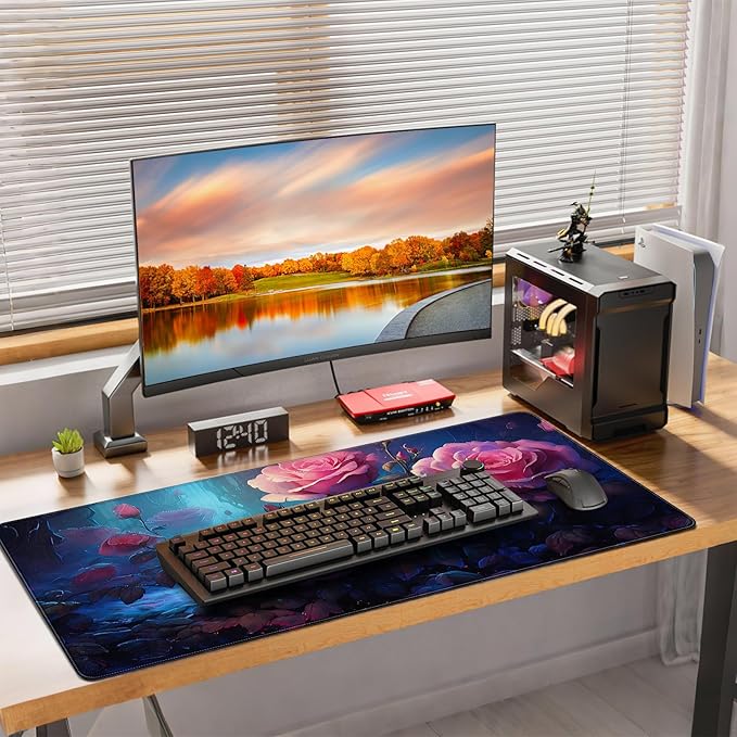 Extended Mouse Pad, Pink Roses Floral Design, 35.4 x 15.7 Inches, Microfiber Cloth Surface with Non-Slip Rubber Base, Rectangular Gaming Desk Mat