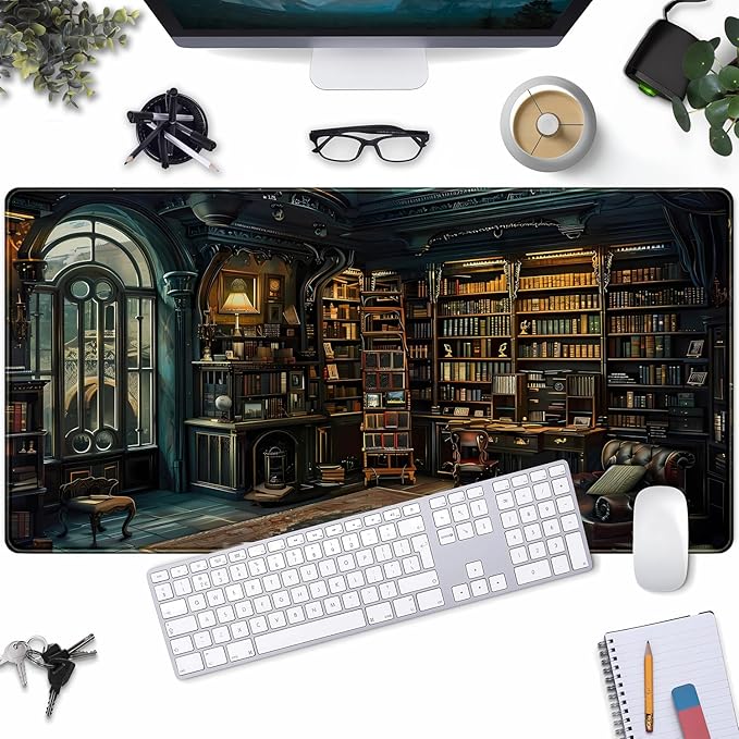 Dark Gothic Desk Mat Gaming Desk Pad Large Mouse Pad, Magician'S Fantasy Bookcase Gothic Mouse Mat XXL Laptop Keyboard Pad, Laptop Keyboard and Mouse Mat Desktop Protector Mat 31.5 X 15.7 in