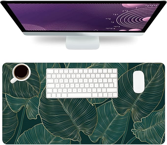 Desk Mat Large Protector Pad 23.6" ×11.8", Non-Slip PU Leather Desk Blotter, Waterproof Mouse Pad for Office Home Palm Leaves