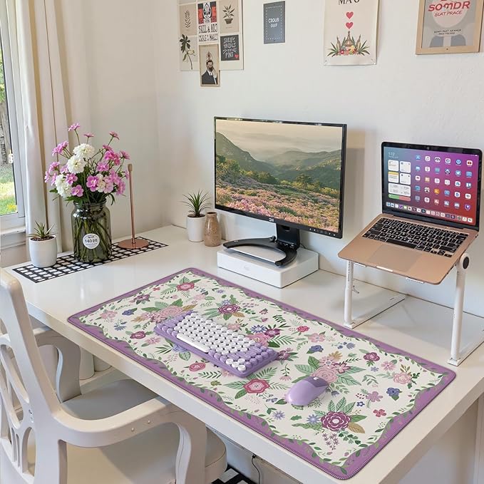 HAOCOO Purple Floral Desk Mat for Keyboard and Mouse, Non-Slip Large Mouse Pad with Stitched Edges, Computer Mats for Desk, Waterproof Keyboard Mat Protector for Woman, Office Present