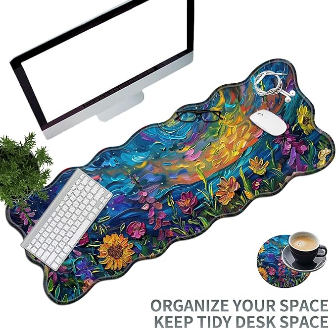 Vibrant Watercolor Flowers Large Gaming Mouse Pad Plus a Coaster, 31.5 x 11.8 inches Desk Mat Extended XL Mousepad with Stitched Edge Non-Slip Rubber, Desk Pad Computer Mouse Mat for Home Office