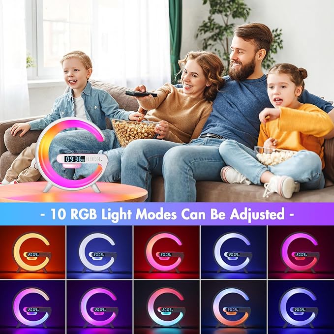 DEECOZY Mini Wireless Charger Atmosphere Lamp, Bluetooth Speaker LED Table Lamp, 10 Lights Mode Dimmable Night Light Bedside Lamp Alarm Clock with Music for Christmas Birthday Valentines Day Gifts
