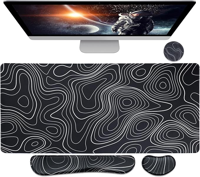 Bloss Large Gaming Mouse Pad XL Desk Mat, 4-in-1 Mouse Pad with Wrist Rest, Large Desk Pad, Keyboard Pad for Office/Home-Black and White Topography (31.5 x 15.7 x 0.12 Inches)