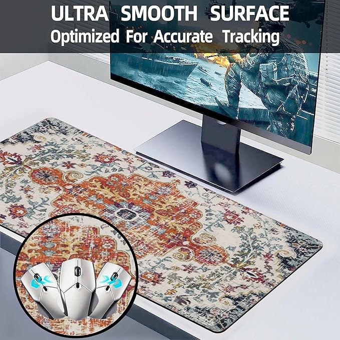 Large Gaming Mouse Pad for Desk,Boho Carpet Style Desk Mat for Desktop,Boho Rug Desk Pad, Extended Big Computer Keyboard Mouse Pad with Non-Slip Base and Stitched Edges 31.5"x11.8"