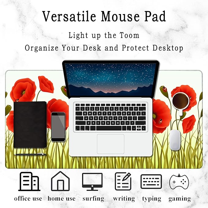 Poppy Gaming Desk Mat Large,Red Poppy Floarl Ladybug Extended Mousepad,Non-Slip Rubber Mouse Pad Stitched Edges,Desktop Decorative Accessories for Home Office 31.5" x 15.7"