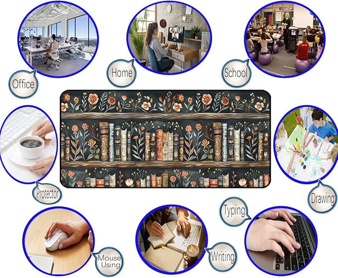 Vintage Flower Bookshelf Desk Mat, Library Book Mouse Pad Desk Pad, Extended Large Gaming Computer Laptop Keyboard and Mousepad, with Stitching Edges, for Women Office Desk Decor 31.5"X15.7"