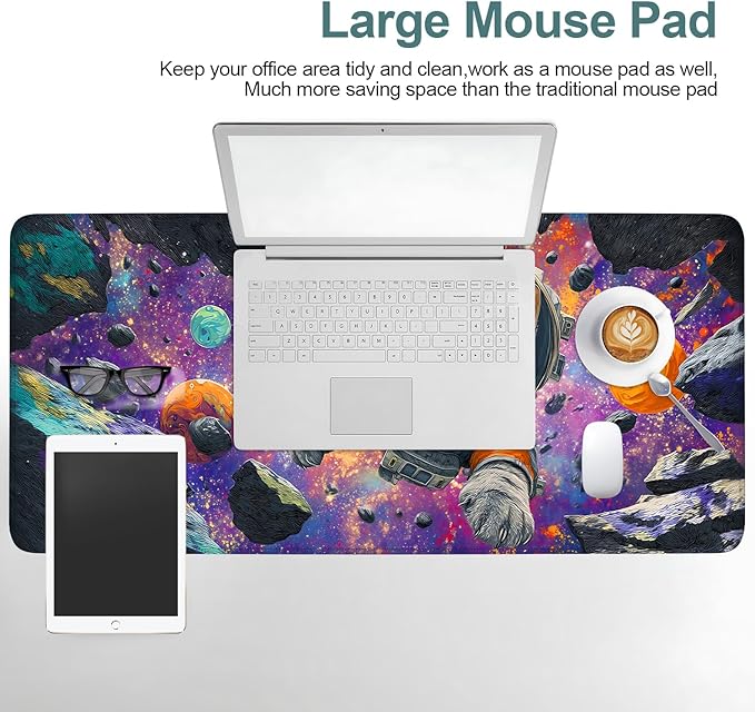 Cat Astronaut Extended Gaming Mouse Pad 35.4x15.7Inch Large Desk Mat Anti-Slip Rubber Base & Durable Stitched Edges for Gamers Smooth Mouse Writing Surface for Desk Office/Home