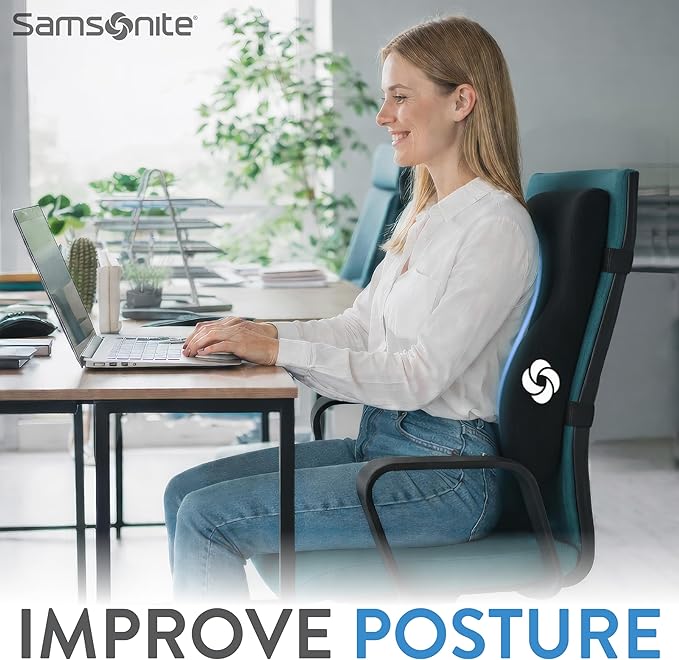 Samsonite Memory Foam Lumbar Support Pillow, Ergonomic Back Cushion for Office Chair, Gaming Chair, Automotive Full Back Support, Home Essentials for Sitting Comfort and Posture Relief, Black
