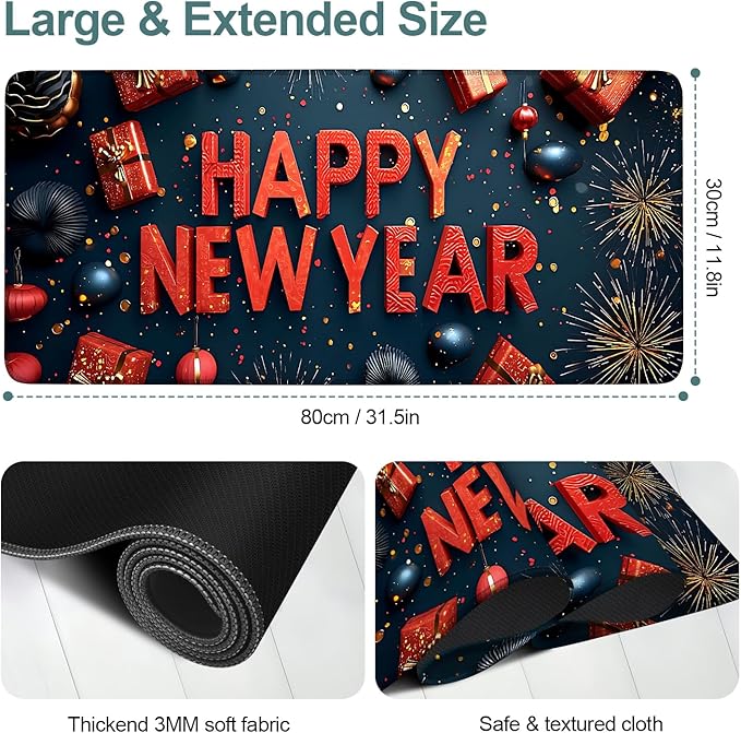 Happy New Year Extended Gaming Mouse Pad 31.5x11.8inches Large Desk Mat Anti-Slip Rubber Base & Durable Stitched Edges for Gamers Smooth Mouse Writing Surface for Desk Office/Home