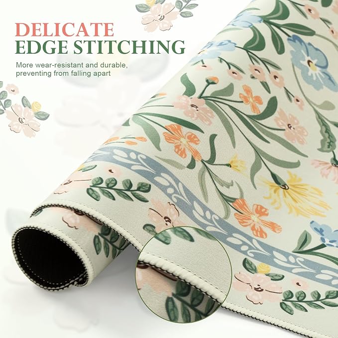 iLeadon Green Floral Desk Cover Mat, Computer Mouse Pad and Keyboard Wrist Rest, Non-Slip Base Keyboard Wrist Rest and Mouse Pad Set, Office Desk Mat Cute for Women (Light Green)