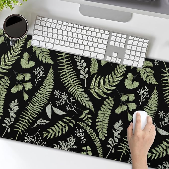 Black Green Plant Flowers Mouse Pad XL Tropical Fern Botanical Leaves Extended Desk Mat 80X30cm Non-Slip Rubber Base Stitched Edge Large XL Mousepad for Desk Gaming Laptop Desktop,31.5×11.8 Inch