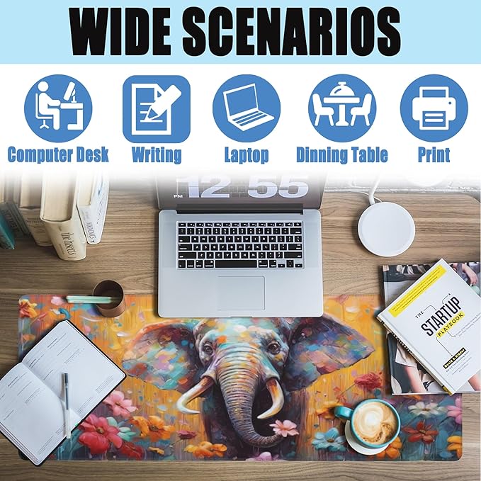 XL Mouse Pad,Elephant in Flower Blossom Large Gaming Mouse Pad,Cute Elephant Floral Desk Mat,Extended Big Computer Keyboard Desk Pad with Non-Slip Base and Stitched Edge 31.5"x11.8"