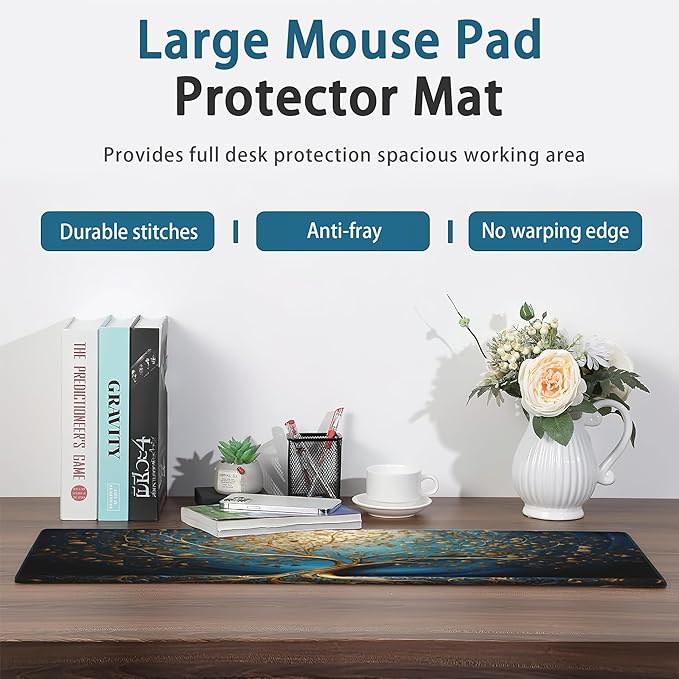 Desk Mat, Blue Golden Tree and Waves Extended Gaming Mouse Pad Large, 31.5"x15.7" 3D Modern Art Landscape Mouse Pad with Non-Slip Base and Stitched Edge,Computer Keyboard Mouse Mat for Home Office