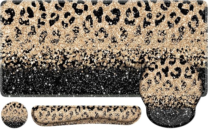 iLeadon Mouse Pad Set, Desk Mat + Mouse Pad with Wrist Rest + Keyboard Wrist Rest + Coaster, 4in1 Leopard Mouse and Keyboard Pad Set for Home Office, Black Gold Leopard
