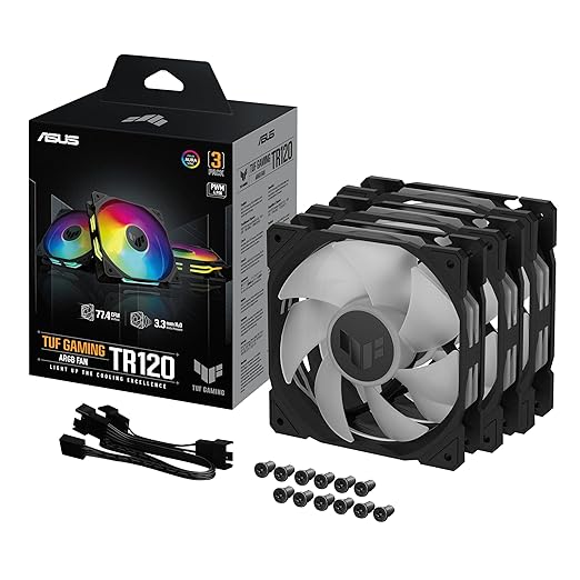 ASUS TUF Gaming TR120 ARGB Fan - Black - Triple Pack Higher Cooling Performance Extra-Thick 28mm Fan Frame, Exclusive Double-Layered LED Matrix Design with 16 Addressable RGB LEDs, Aura Sync