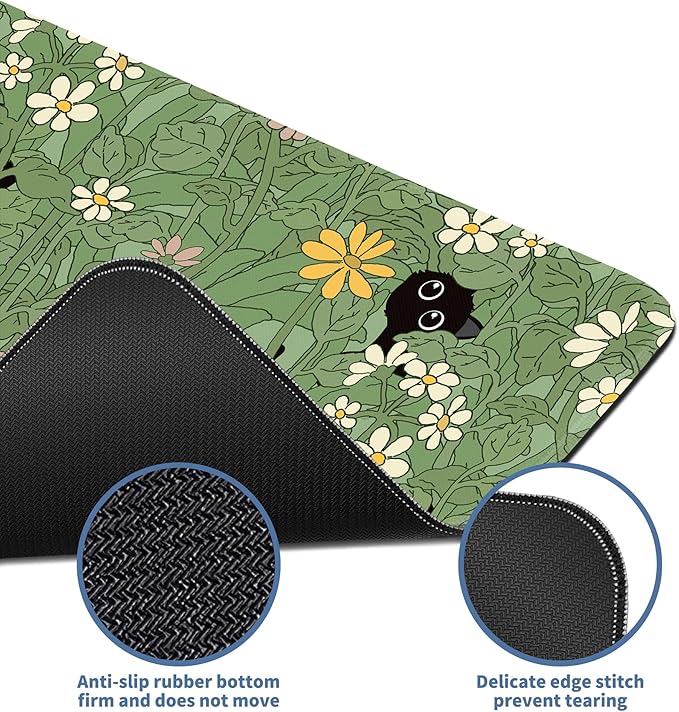Cute Cat Mouse Pad Large Green Desk Mat Extended Keyboard Mouse Pad Kawaii Mousepad with Non-Slip Base and Stitched Edge Plant Mouse Mat Desk Pad 31.5 x 11.8 in Mouse Pads for Decor Home Office Gaming