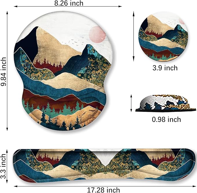 ArtSo Mouse Pad Keyboard Wrist Rest Support Ergonomic, Upgraded Cushion Mousepad Gel Memory Foam Non-Slip Rubber Base Wrist Support & Easy Typing for Home, Office, Colorful Mountain