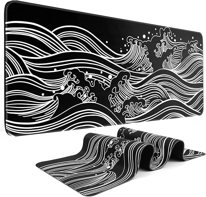 Gaming Mouse Pad - Large 31.5 x 11.8 in Black and White with Stitching Edges, Non-Slip Rubber Base Large Mouse Mat and Keyboard Pad (Sea Wave)