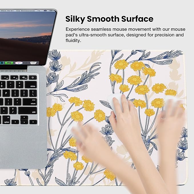 ALOANES Waterproof Mouse Pad with Durable Stitched Edge, Large Gaming Keyboard Pad, Non-Slip Rubber Base, Extended Desk pad for Gamer, Office & Home, Yellow Flower Mousepad 31.5''x 11.8''x 0.12''