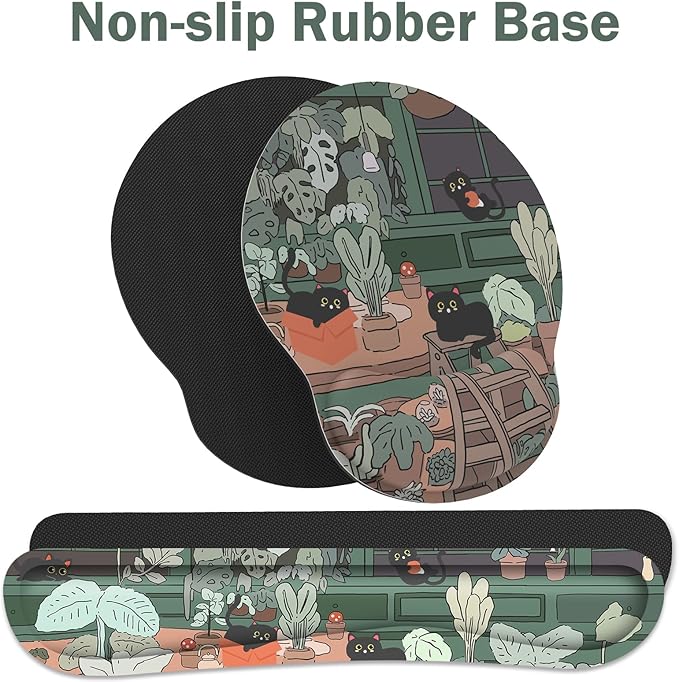 Ergonomic Mouse Pad with Wrist Rest and Keyboard Wrist Rest, Mousepad and Wrist Rest for Computer Keyboard, Non-Slip Rubber Base, Mouse Pad with Wrist Support for Gaming, Office, Cat