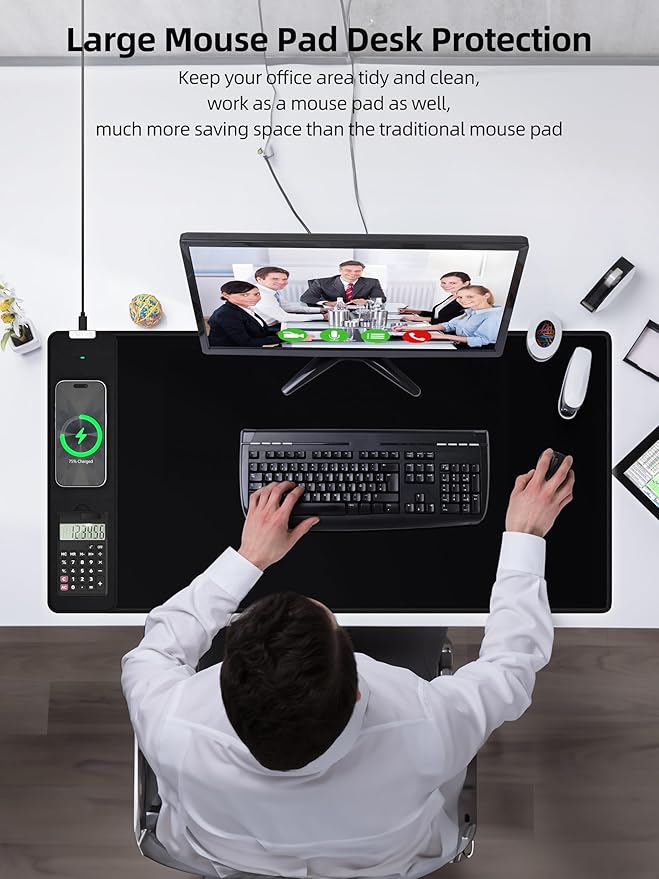 Mouse Pad 31.5x15.75 Inch with Calculator, 15W Magnetic Wireless Charging Desk Mat, XXL Desk Pad, Home Office Large Keyboard Pad with Ultra-Smooth Surface, Non-Slip Base (Black)