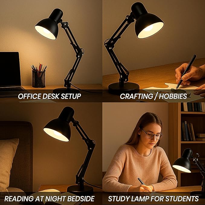Metal Desk Lamp with Clamp, Swing Arm, Architect Adjustable Desk Lamps for Home Office, Clip Desk Lights for Home Office, Study, Work, Reading, E26 Base, Multi-Joint– Includes Bulb